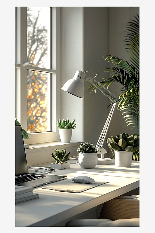 桌上的电脑绿植台灯-众图网