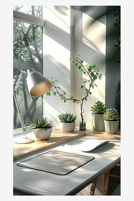 桌上的电脑绿植台灯-众图网