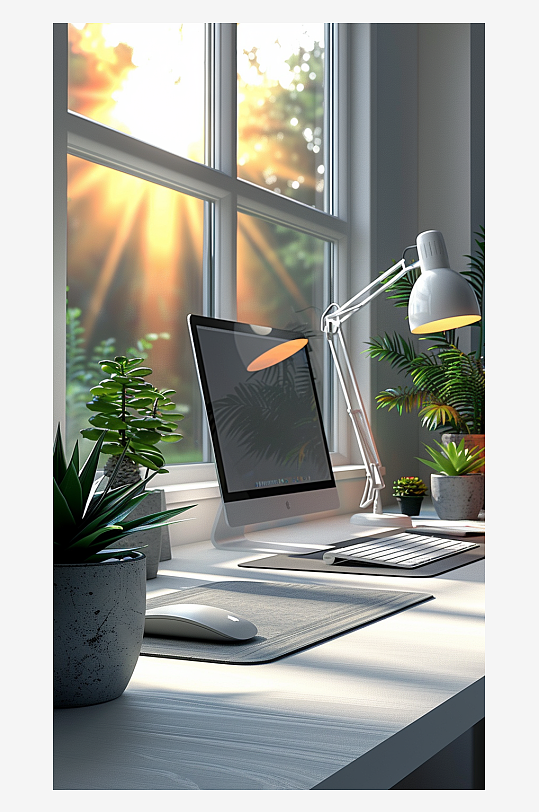 桌上的电脑绿植台灯-众图网