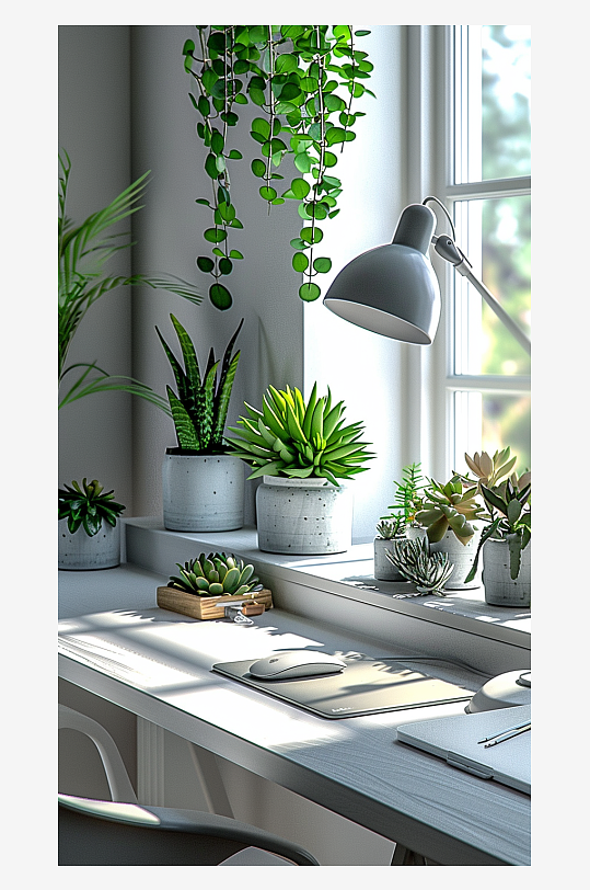 桌上的电脑绿植台灯-众图网