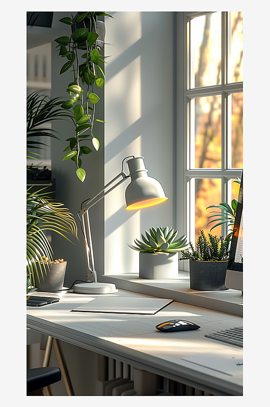桌上的电脑绿植台灯-众图网