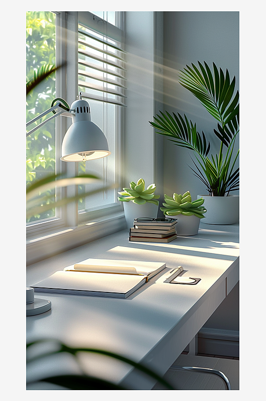 桌上的电脑绿植台灯-众图网