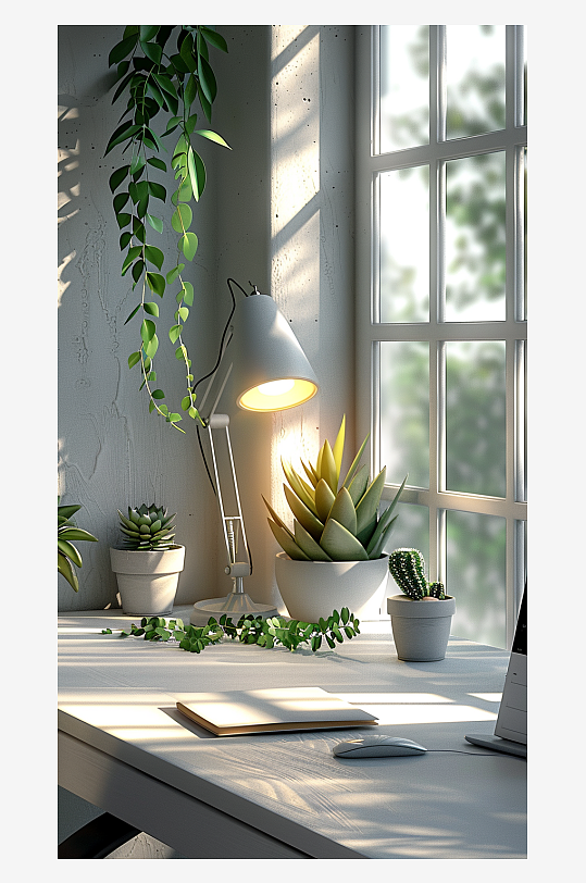 桌上的电脑绿植台灯-众图网