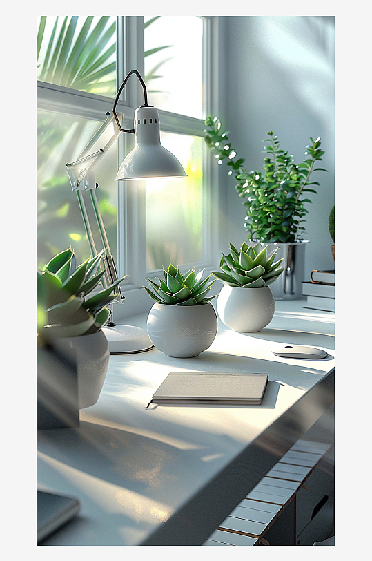 桌上的电脑绿植台灯-众图网