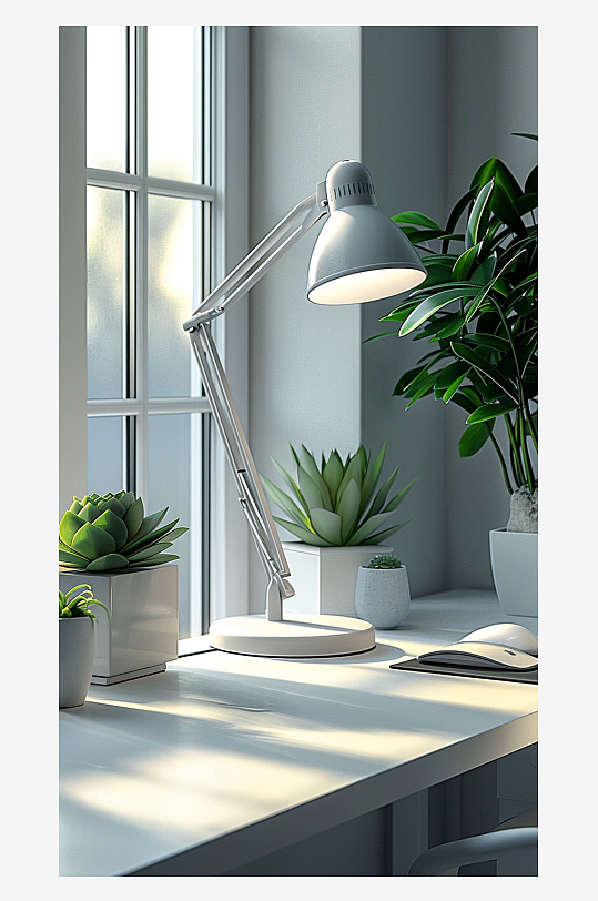 桌上的电脑绿植台灯-众图网