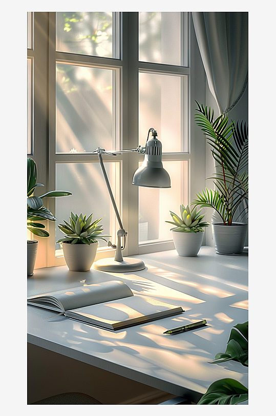 桌上的电脑绿植台灯-众图网