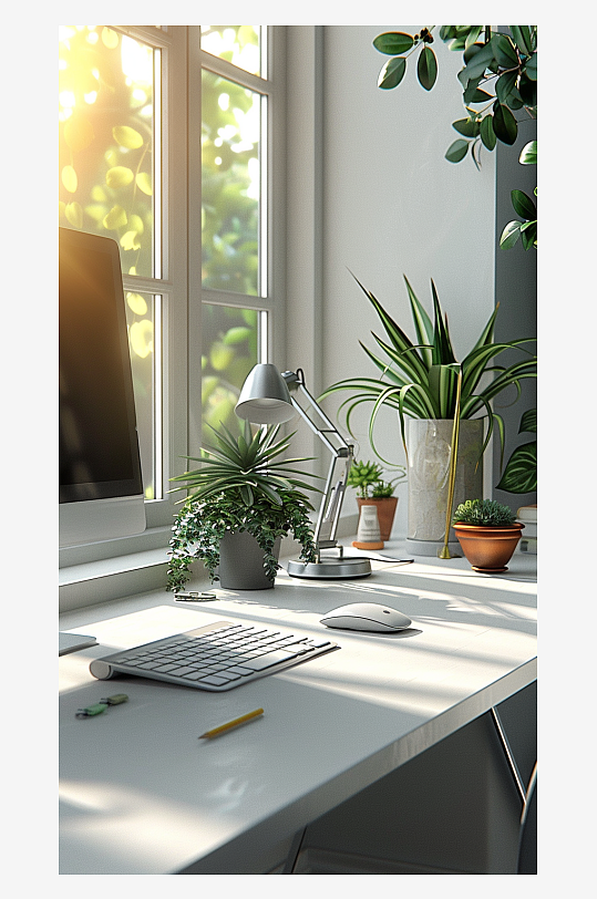 桌上的电脑绿植台灯-众图网