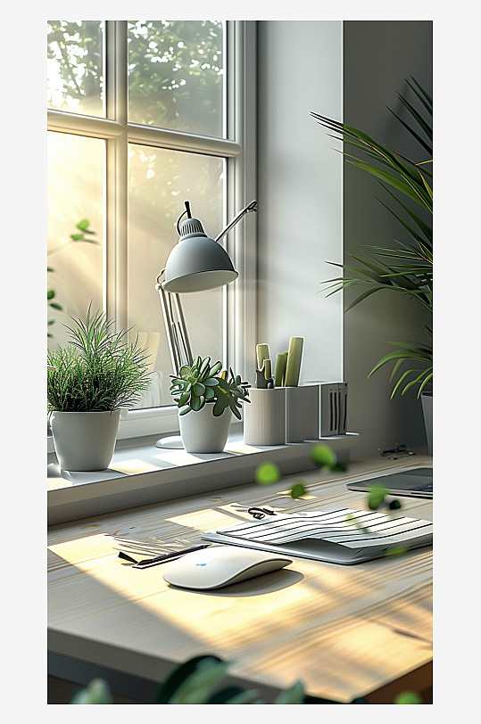 桌上的电脑绿植台灯-众图网