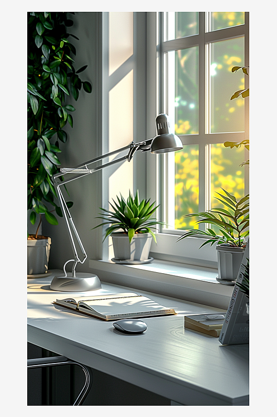 桌上的电脑绿植台灯-众图网