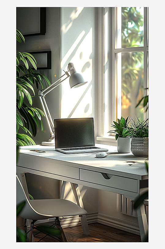 桌上的电脑绿植台灯-众图网