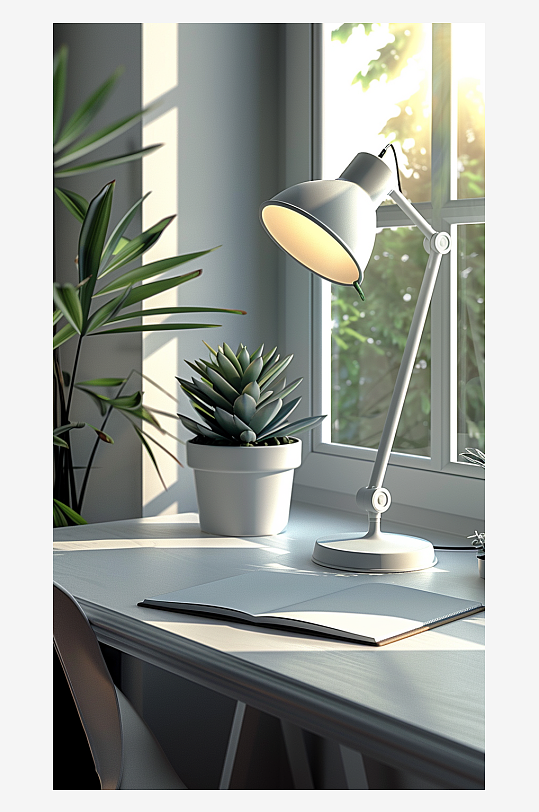 桌上的电脑绿植台灯-众图网
