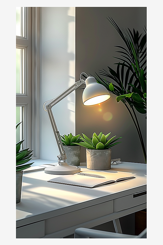 桌上的电脑绿植台灯-众图网