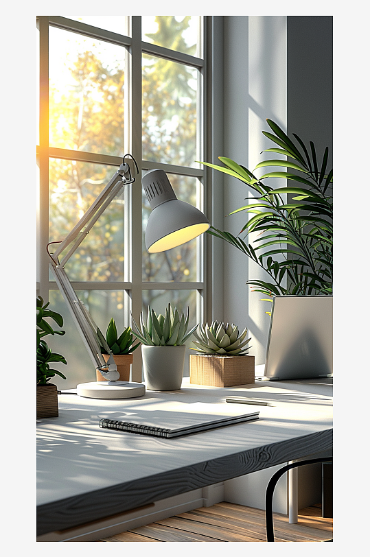 桌上的电脑绿植台灯-众图网