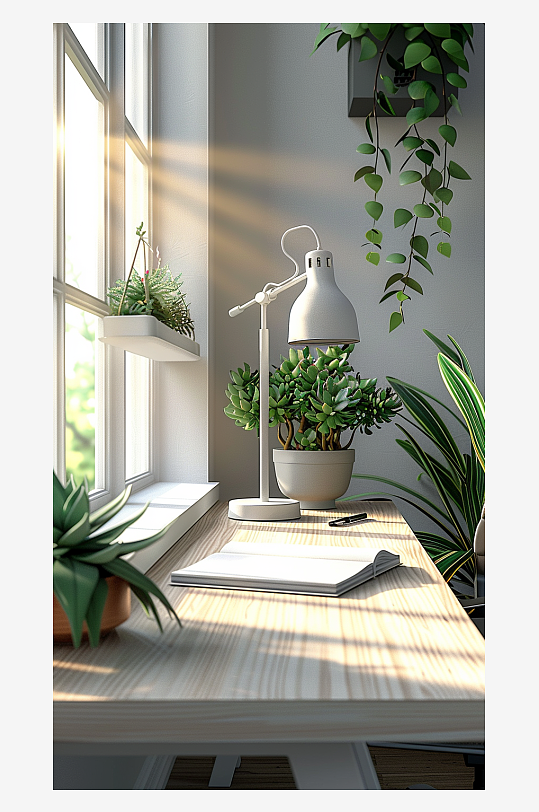 桌上的电脑绿植台灯-众图网