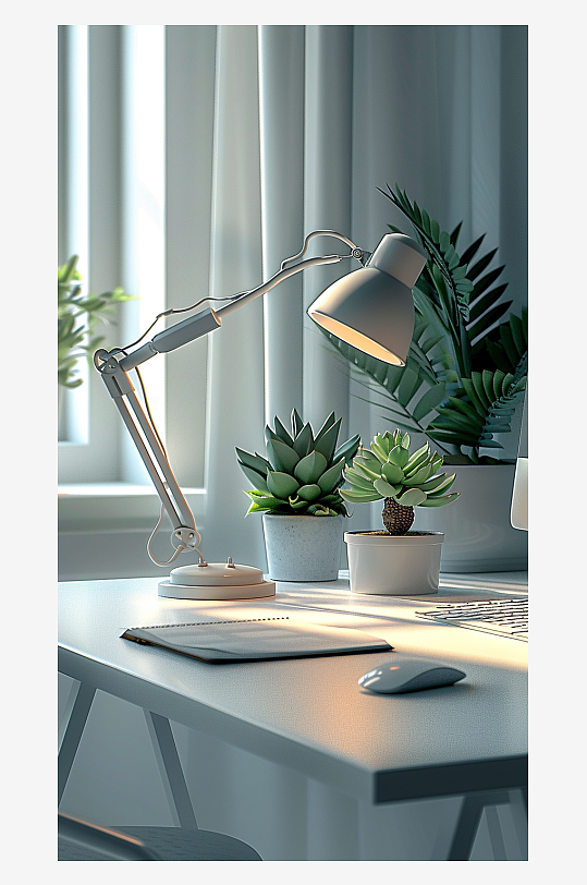 桌上的电脑绿植台灯-众图网