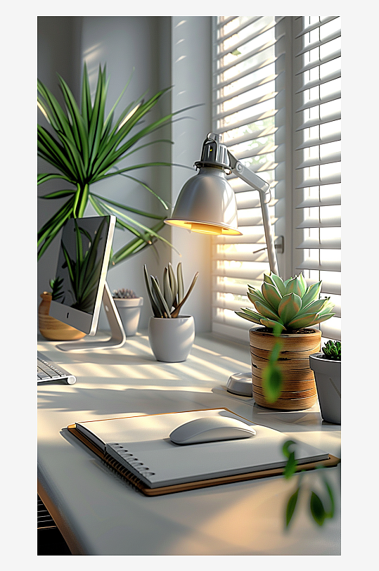 桌上的电脑绿植台灯-众图网