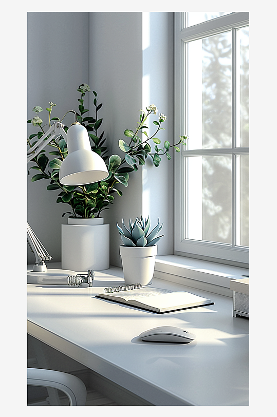 桌上的电脑绿植台灯-众图网