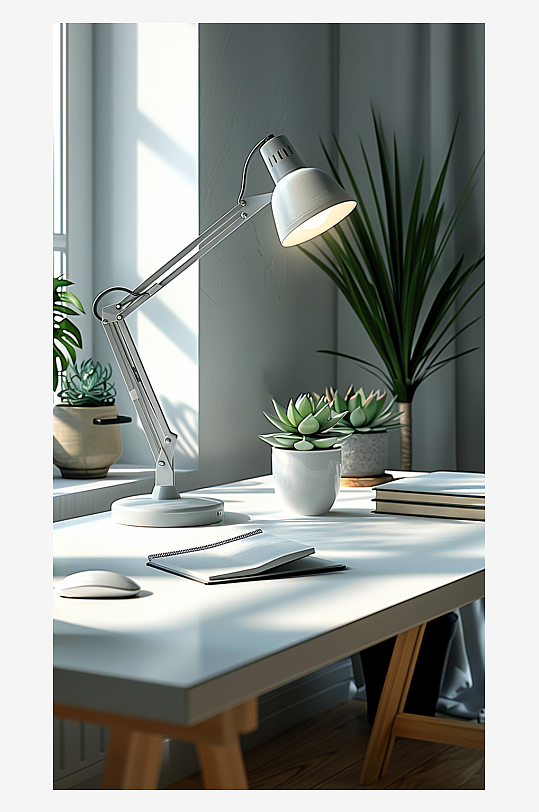桌上的电脑绿植台灯-众图网