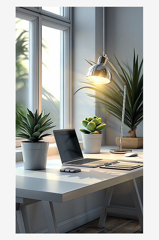 桌上的电脑绿植台灯-众图网