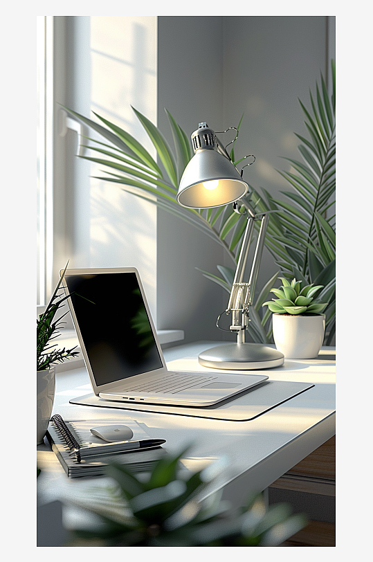 桌上的电脑绿植台灯-众图网