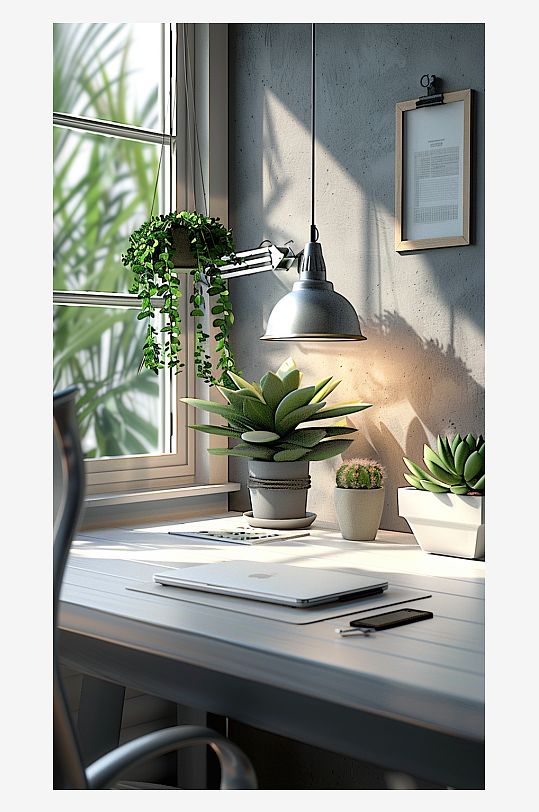 桌上的电脑绿植台灯-众图网