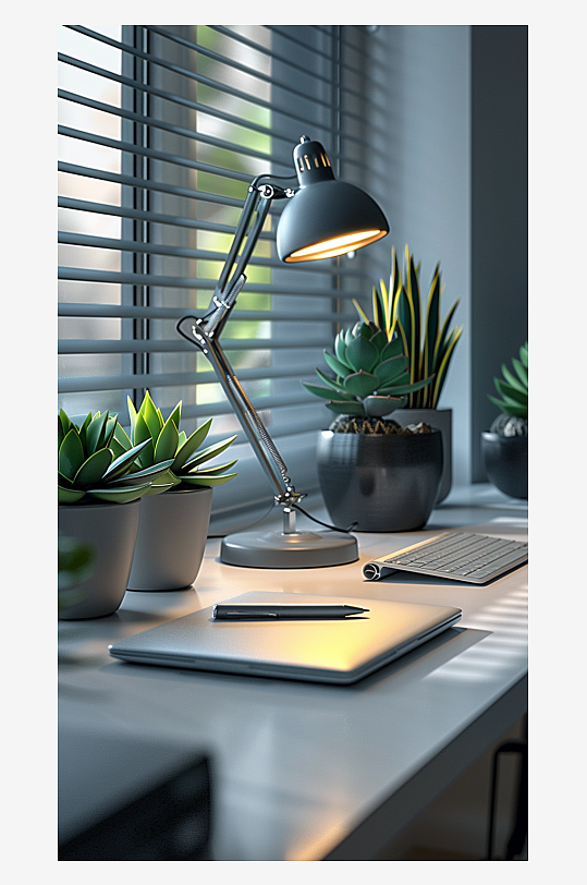 桌上的电脑绿植台灯-众图网