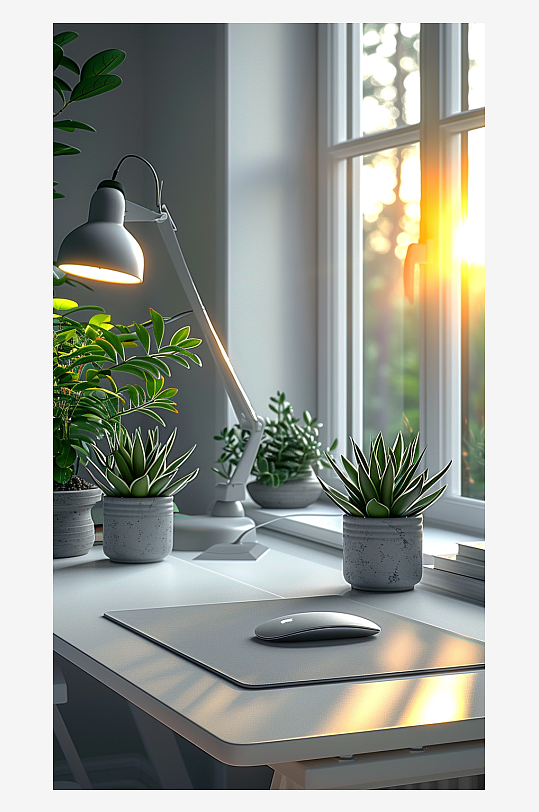 桌上的电脑绿植台灯-众图网