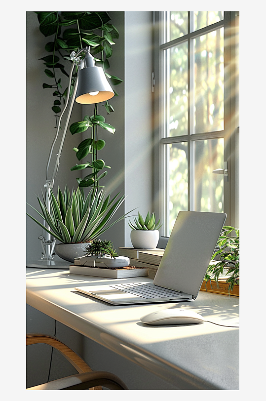 桌上的电脑绿植台灯-众图网