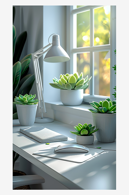 桌上的电脑绿植台灯-众图网