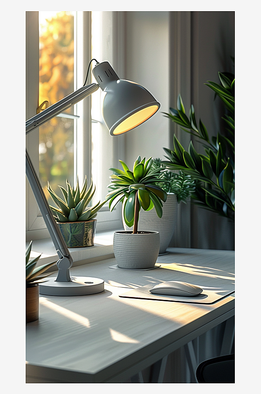 桌上的电脑绿植台灯-众图网