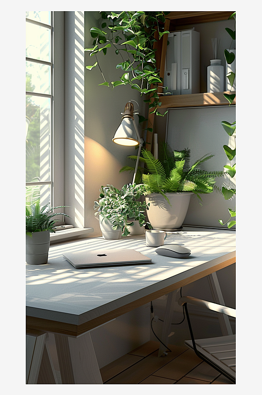 桌上的电脑绿植台灯-众图网