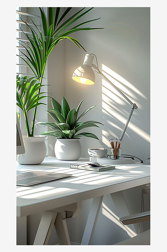 桌上的电脑绿植台灯-众图网