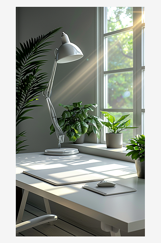 桌上的电脑绿植台灯-众图网