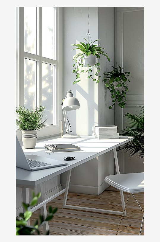 桌上的电脑绿植台灯-众图网