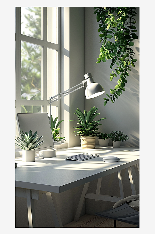 桌上的电脑绿植台灯-众图网