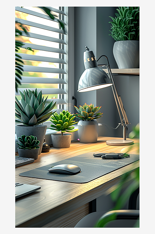 桌上的电脑绿植台灯-众图网