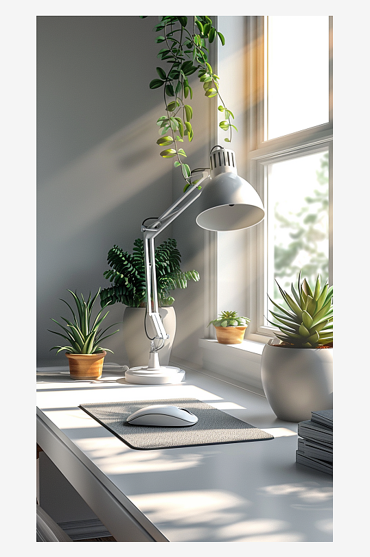 桌上的电脑绿植台灯-众图网