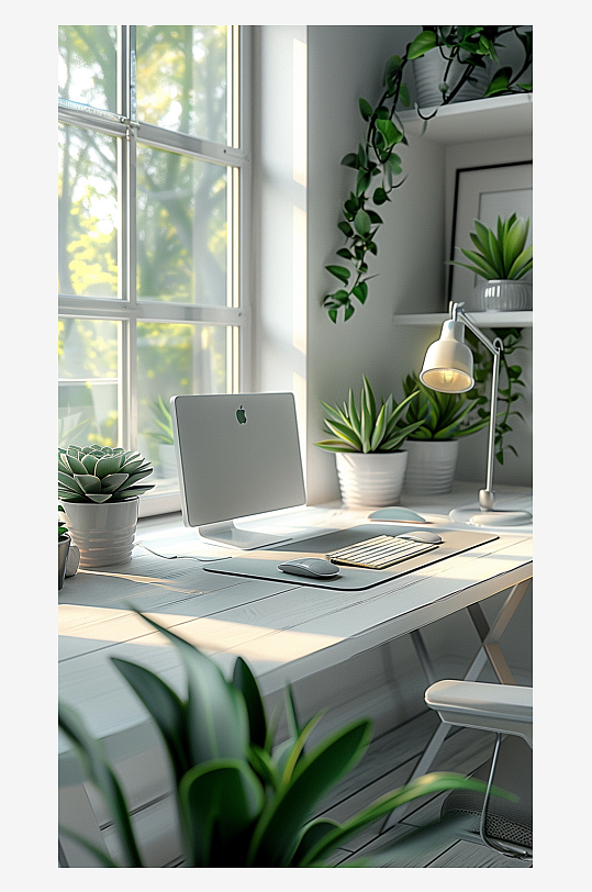 桌上的电脑绿植台灯-众图网