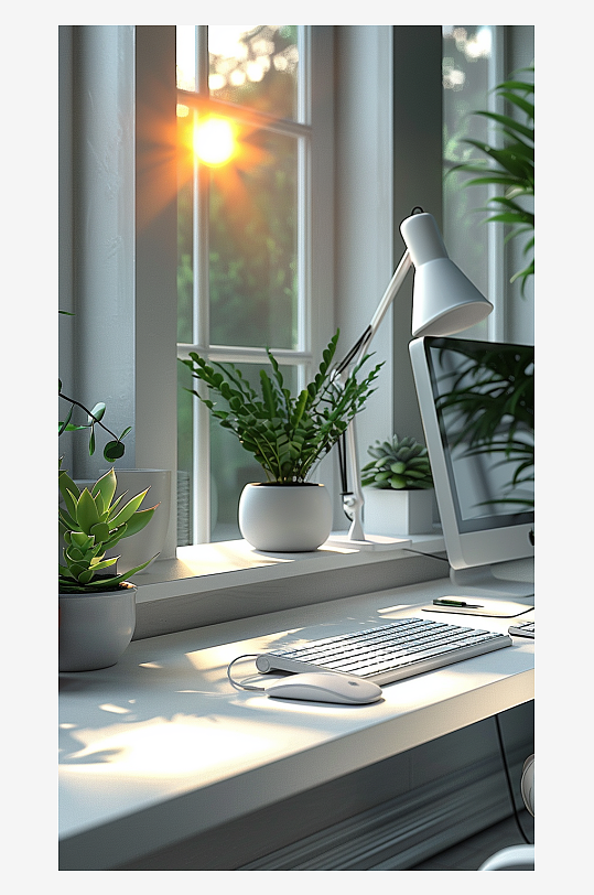桌上的电脑绿植台灯-众图网