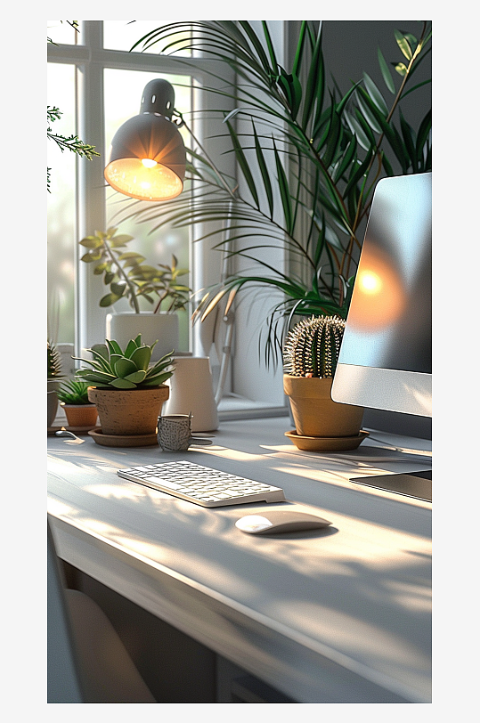 桌上的电脑绿植台灯-众图网