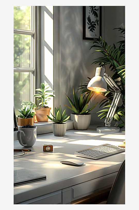 桌上的电脑绿植台灯-众图网