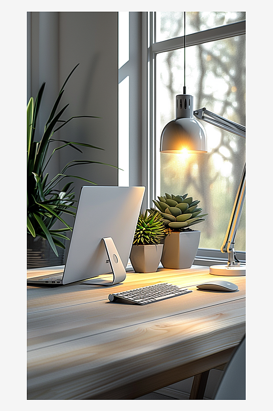 桌上的电脑绿植台灯-众图网