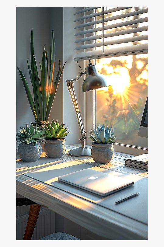 桌上的电脑绿植台灯-众图网