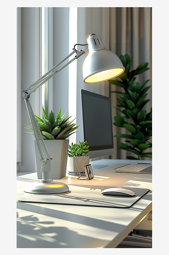 桌上的电脑绿植台灯-众图网