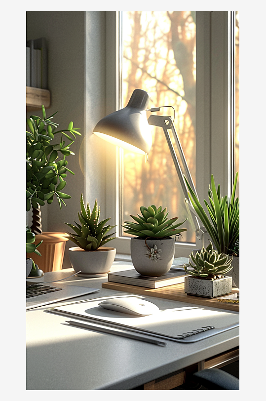 桌上的电脑绿植台灯-众图网