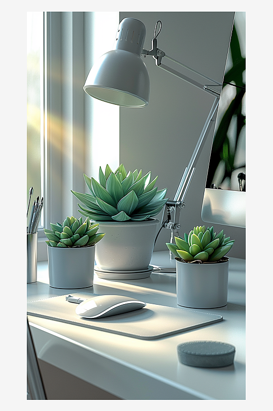桌上的电脑绿植台灯-众图网