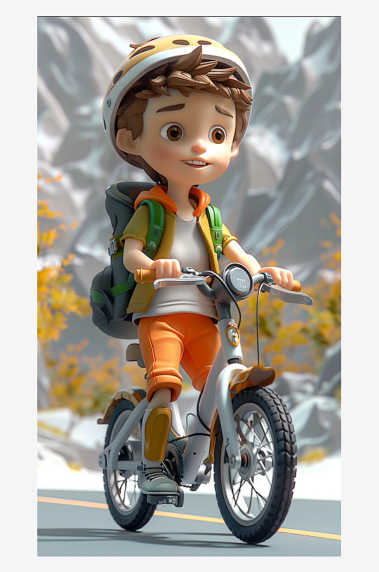 正在骑车的卡通男孩-众图网