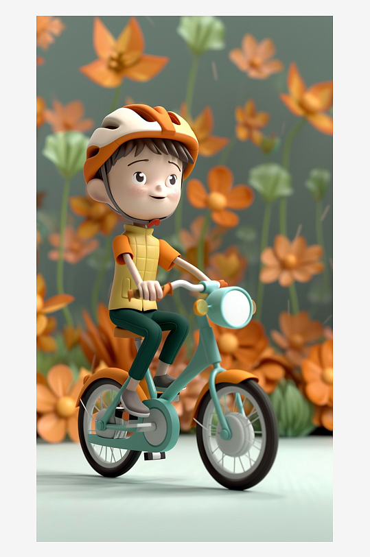 正在骑车的卡通男孩-众图网