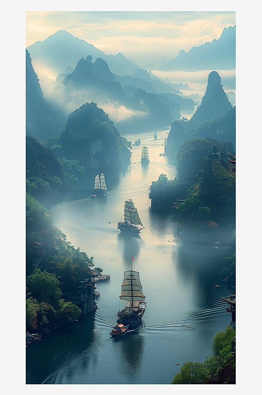 山脉下河流中的船只场景-众图网