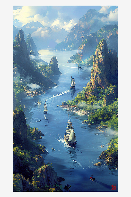 山脉下河流中的船只场景-众图网